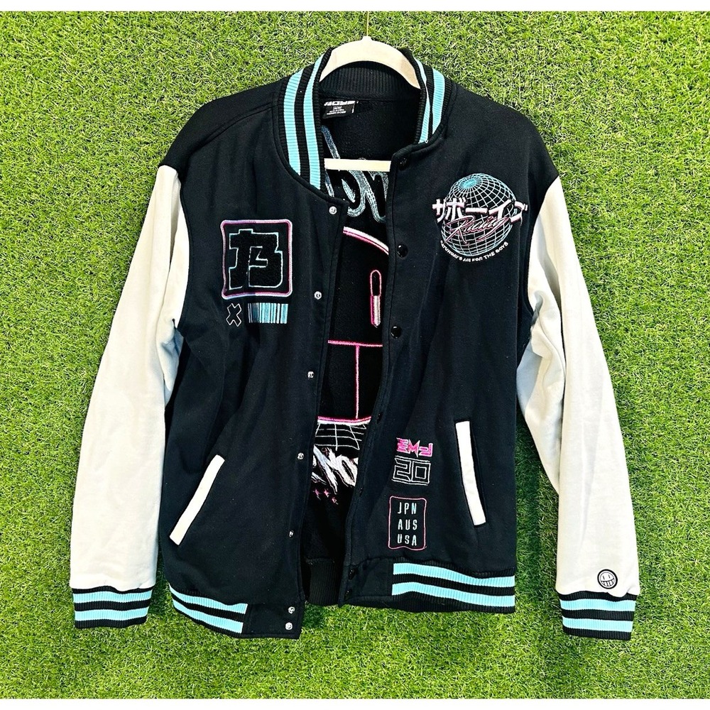Boys Men's Varsity Jacket Black White Blue Colorblock Embroidered Snap Size M